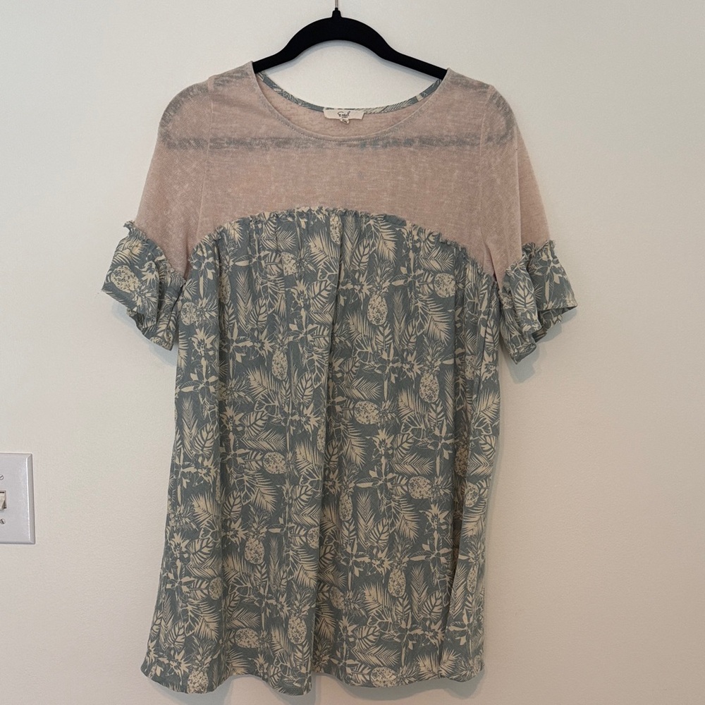 Easel Tropical‎ Pineapple Print Babydoll Tunic Top Pink Blue Medium